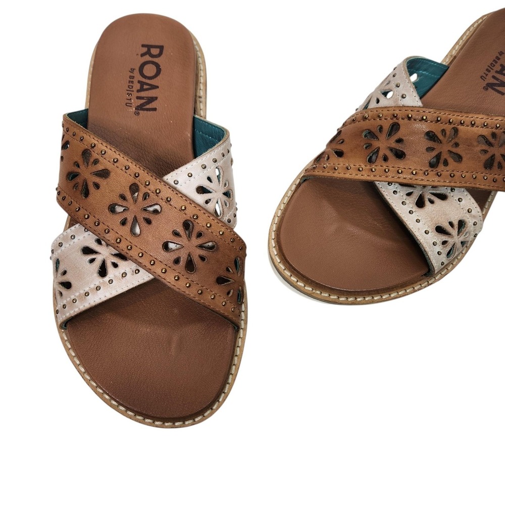 ROAN Chant Sandals Womens 6.5 36.5 Brown Leather Floral Slide Wedge Shoes